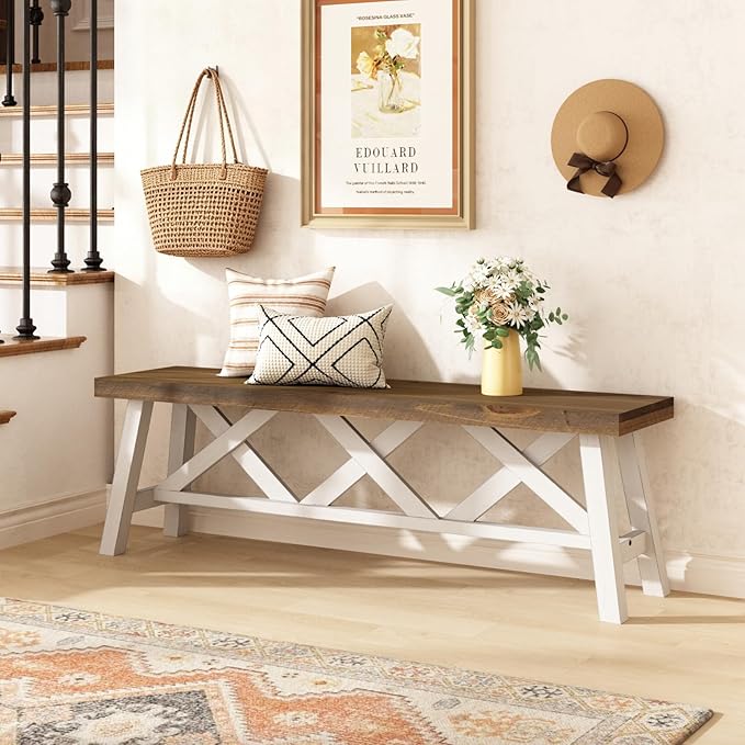 Wnutrees 54" Farmhouse Wood Bench, Rustic Solid Wood Entryway Bench Seat with Double X-Structure for Dining Area Living Room Hallway, Structural Stability, White