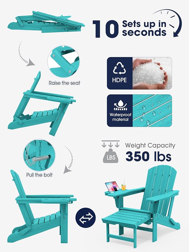 KINGYES Adjustable Folding Adirondack Chair with Footrest & 4-in-1 Multi-Functional Armrest Organizer Set of 4, HDPE Foldable Recliner Adirondack Chair with Pull-Out Ottoman, Aruba