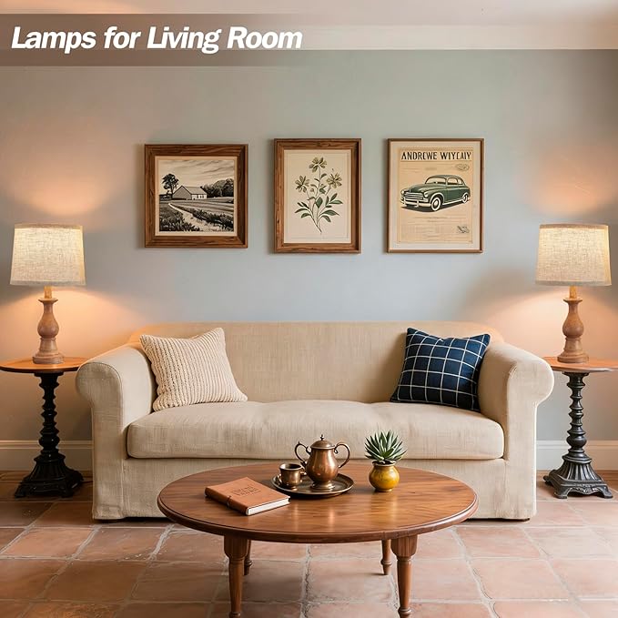 Vintage Table Lamp for Living Room Bedroom, 18.5" Farmhouse Bedside Lamps Nightstand Lamp Set of 2, Table Lamps with Oatmeal Linen Lamp Shades, 2 LED Bulbs Included, Wood Grain