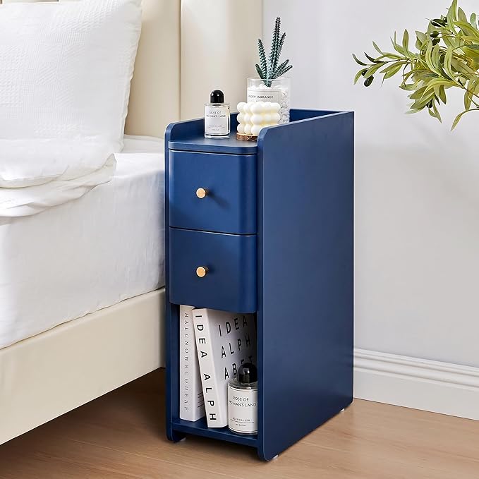Blue Narrow Nightstand, Wooden Small 2 Drawer Nightstand, Slim Side End Table, Skinny Bedside Table, Mid Century Modern Night Stand with Drawers, for Living Room (Blue-1 pc)