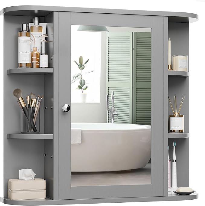 Bathroom Mirror Cabinet Wall Mounted, Medicine Cabinet with Mirror and 6 Open Shelves, Modern Bathroom Wall Cabinets Medicine Cabinets, Grey