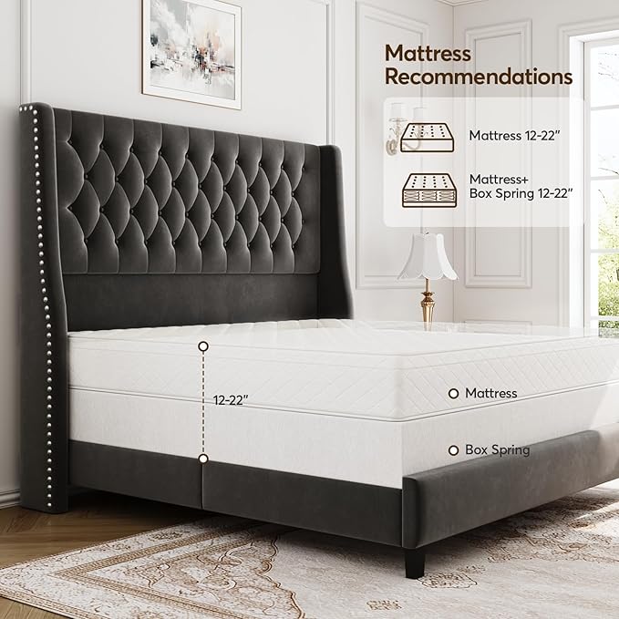 Queen Bed Frame with 55" Tall Headboard, Upholstered Bed Frames, Soft Fabric, Button Tufted Headboard with Windback, Platform Bed, Noise-Free, No Box Spring Needed, Grey