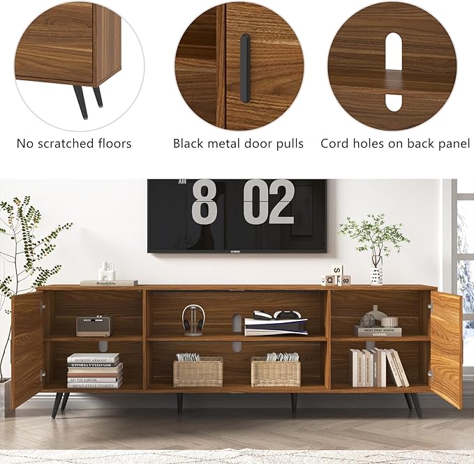 80 Inch Mid Century Modern TV Stand for 75 Inch TV, Wood TV Stand with Storage, Entertainment Center for Living Room Bedroom, TV Media Console, Walnut