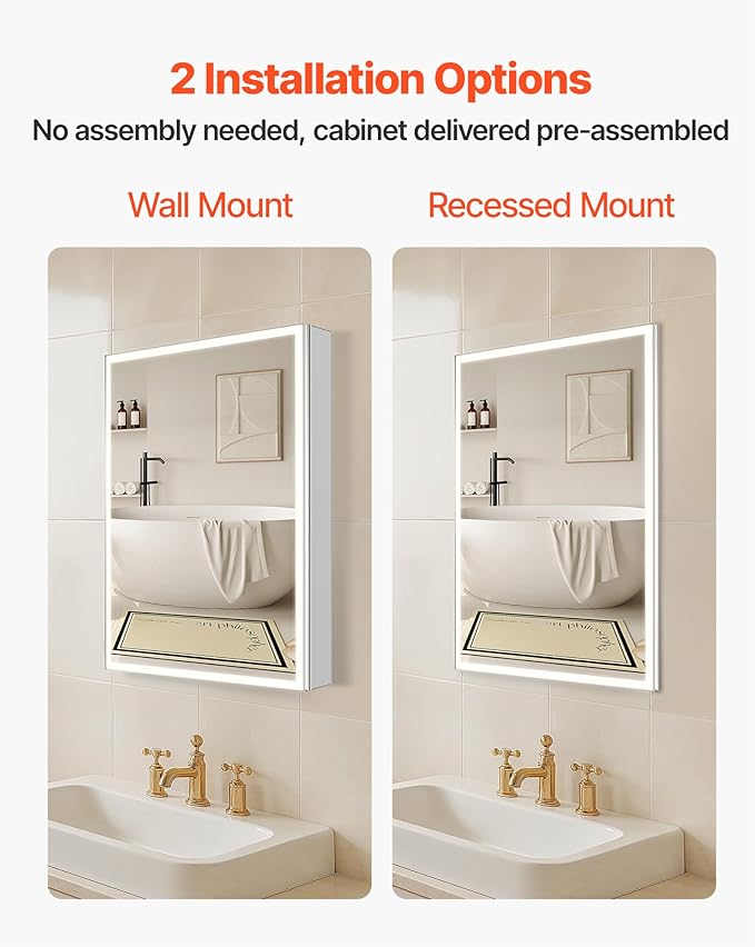 VEVOR Lighted Medicine Cabinet with Mirror, 24 x 32 in Recessed or Wall Mount, 3 Color Dimmable LED Bathroom Medicine Cabinet with Magnifying Mirror, Adjustable Shelve Storage, Memory Defog Function