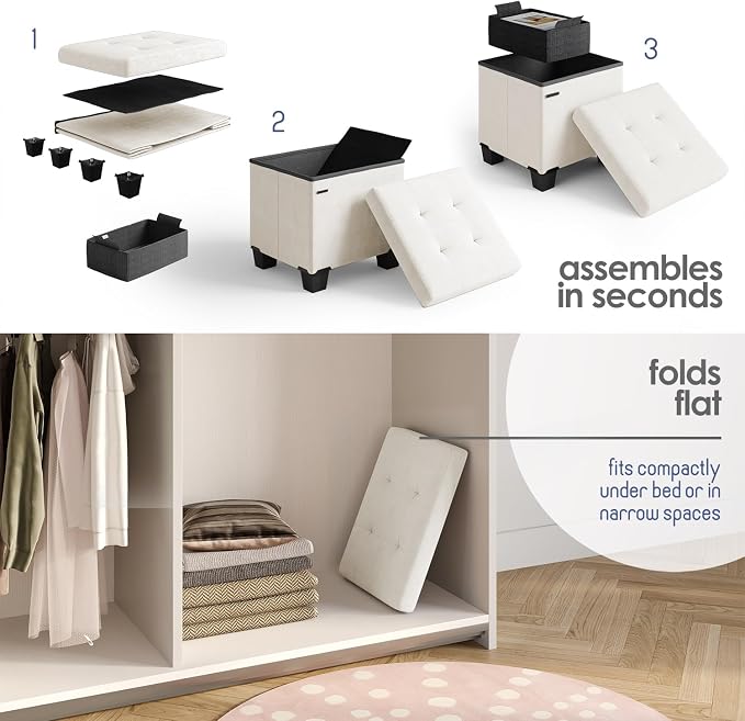 Storage Ottoman Cube with Small Bin, 15-in Square Ottoman with Storage for Living Room and Bedroom, Small Ottomans Foot Rest, Velvet Foot Stools Ottomans Max 330lbs, Cream