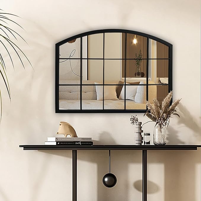 WAMIRRO Wide Window Pane Black Mirror,Farmhouse Arched Wall Mirror,Mantel Mirror for Fireplace/Entryway/Hallway/Living Room,33“X24”
