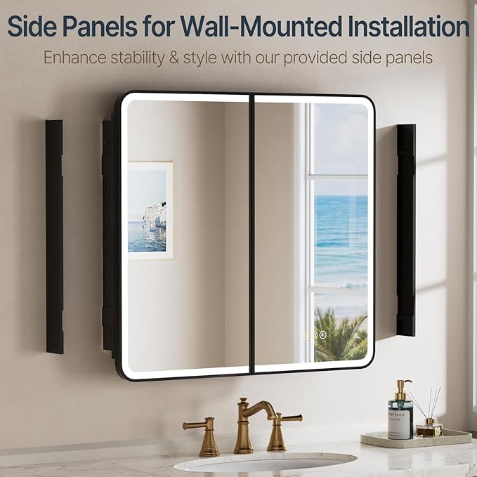 36x30 Inch Medicine Cabinet with Mirror, Recessed or Surface Mount Bathroom Medicine Cabinet with LED Lights, Anti-Fog, Memory Function, Adjustable Shelf, Dimmable Light, ETL Listed, Black