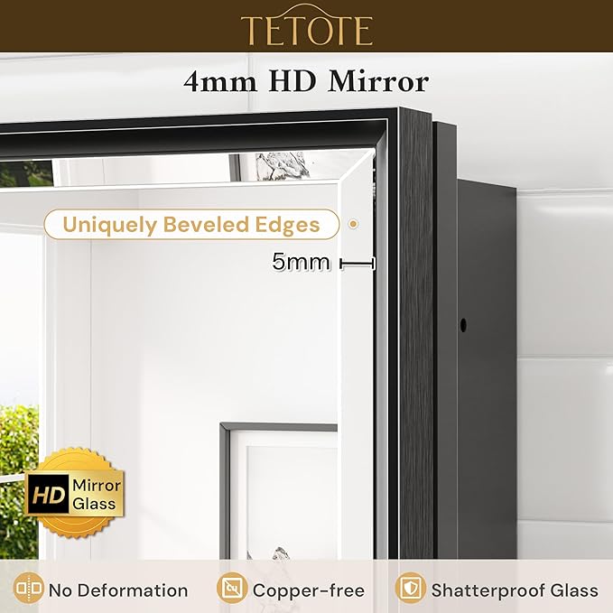 TETOTE 48"x 30" Mirrored Medicine Cabinet for Bathroom Black Medicine Cabinet with Tempered Beveled Mirror, Stepless Adjustable Shelves, Surface Mount or in Wall