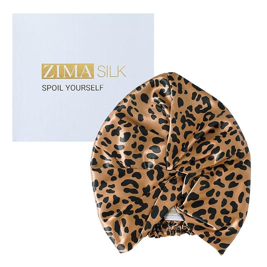 ZIMASILK 22匁 100%マルベリーシルクボンネット 就寝用＆女性のヘアケア用、最高級6Aシルクヘアラップ プレミアムゴム付き ずれにくい (1個, レオパードブラック/ゴールド)