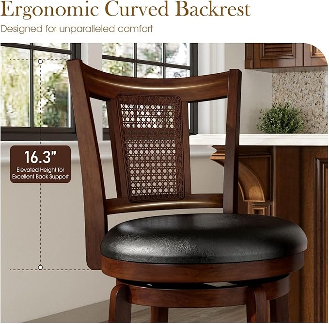 Sophia & William 30 Inch Swivel Bar Stools Set of 4, Bar Height Barstools with Backrest & Solid Wood Legs, Brown Faux Leather Kitchen Stools