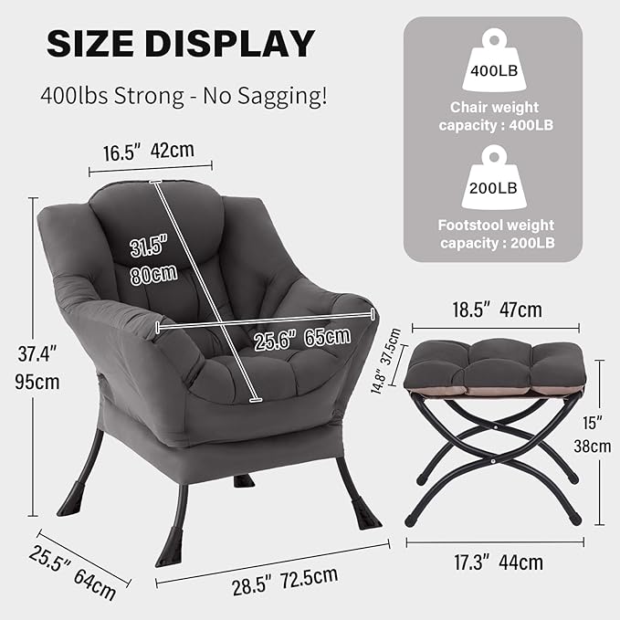 Tiita Modern Large Accent Chair with Ottoman, Comfy Leisure Sofa Armchair with Footrest, Reading Chair for Bedroom, Living Room, Dorm Rooms, Garden Dark Grey