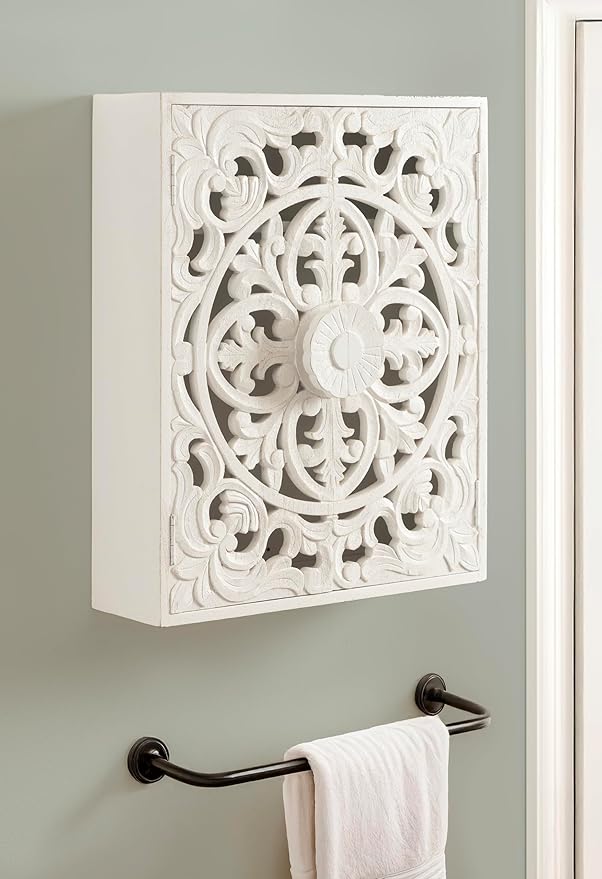 Kate and Laurel Saanvi Traditional Carved Wood Floating Bathroom Wall Cabinet, 22 x 7 x 28, White, Dimensional Over the Toilet Storage Cabinet for Use as Bathroom Storage or Entryway Decor and Display