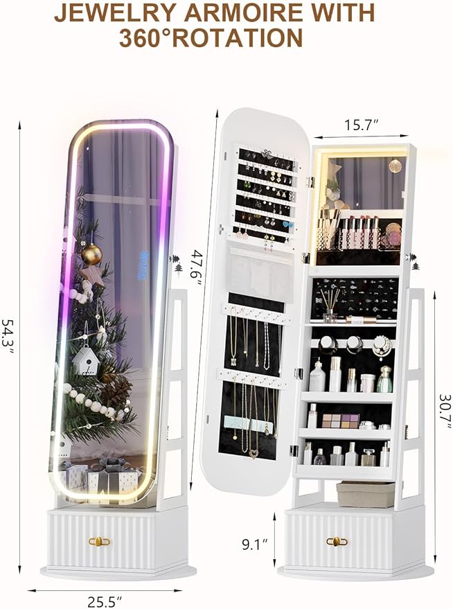 360° Swivel Jewelry Cabinet with Lights - RGB Vanity Mirror | Rotatable Full Length Mirror with Jewelry Storage, Standing Jewelry Armoire Organizer, Foldable Makeup Shelf, White (White)