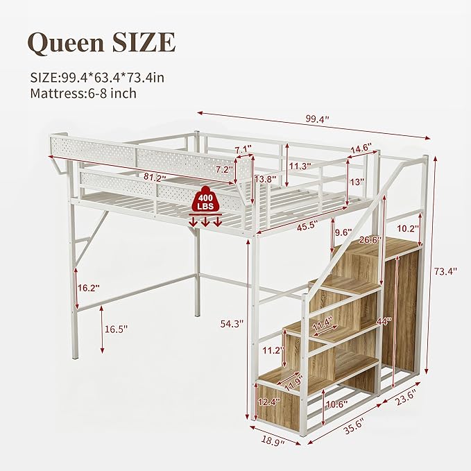 Queen Size Metal Loft Bed with LED Lights and USB Charging Port, Storage Shelf, Reversible Storage Stairs with Wardrobe, Heavy Duty Noise-Free Design, Large Under Bed, No Box Spring Needed