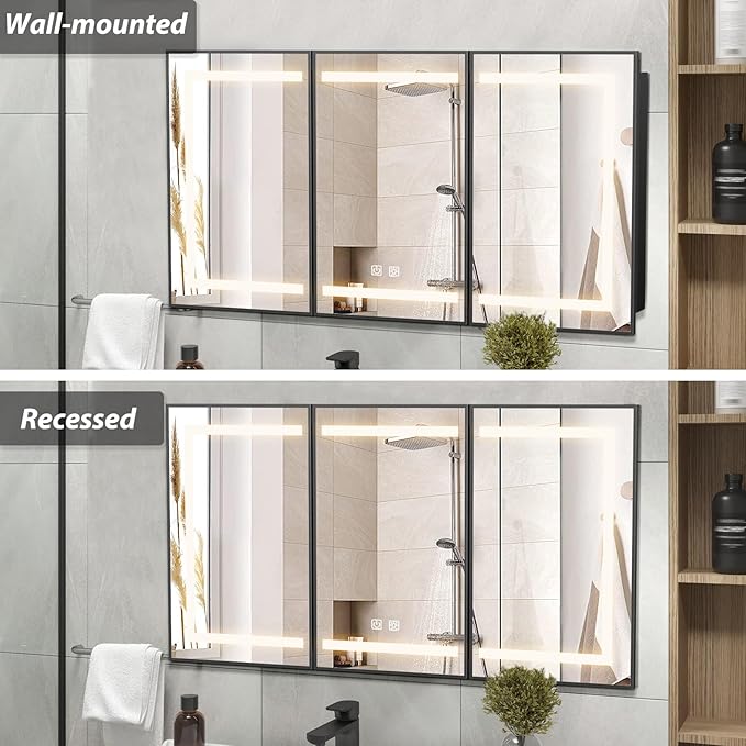 APRILSOUL 48x32 Inch Lighted Bathroom Medicine Cabinet with Mirror, Black Recessed or Surface Mount Medicine Cabinet Mirror with Storage and LED Lights, 3 Colors Temperature, Dimmable Light