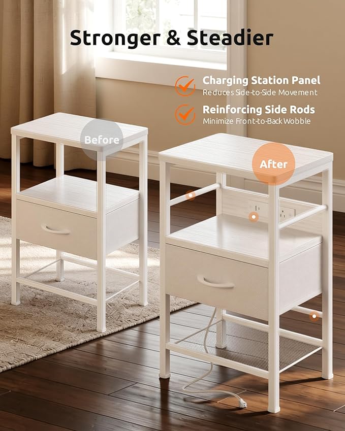 Lazzanto Nightstands Set of 2 with Charging Station, Bed Side Tables with Open Shelf & Hooks, End Tables with USB-C USB-A Ports AC Outlets, Night Stand for Bedroom with Fabric Drawer, White