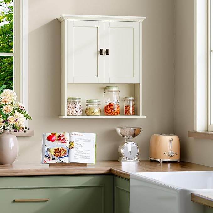 Bathroom Wall Cabinet, Wooden Medicine Cabinet Over Toilet Storage Cabinet with Doors and Adjustable Shelf Wall Mounted Storage Organizer Cabinet Above Toilet (Cream White)