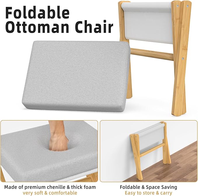 BAMBOOHOMIE Foldable Foot Stool Ottoman, Modern Foot Rest with Bamboo X Legs & Thick Foam Cushion, Folding Foot Stools Small Padded for Bedroom Living Room, Footstool for Chair Couch (Natural - Grey)