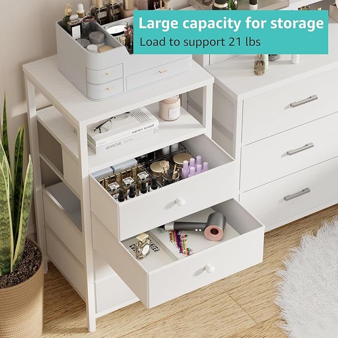 BOLUO Tall Night Stand with Drawers, White Nightstand with Charging Station and LED Light, Small White 4 Drawer Dresser for Bedroom, Room Storage Closet