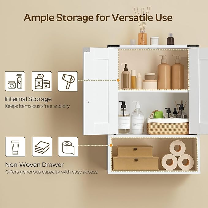 YATINEY Bathroom Wall Cabinet, Medicine Cabinet with Fabric Drawer, Double-Door Wall Mounted Storage Cabinet, 2 Hooks, Over The Toilet Space Saver Storage Cabinet, for Bathroom, Kitchen, White