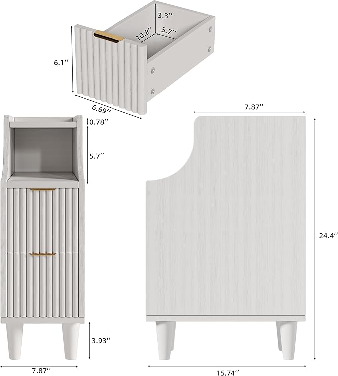 7.9" Narrow Fluted Nightstand Set of 2,Slim Side End Table with 2 Drawers,White Modern Bedside Table,Skinny Night Stand for Bedroom,Small Space