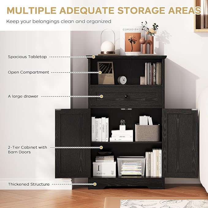 Floor Cabinet, Farmhouse Storage Cabinet with Barn Doors and Drawer, Freestanding Adjustable Shelf Organizer for Bathroom, Kitchen, Living Room Black