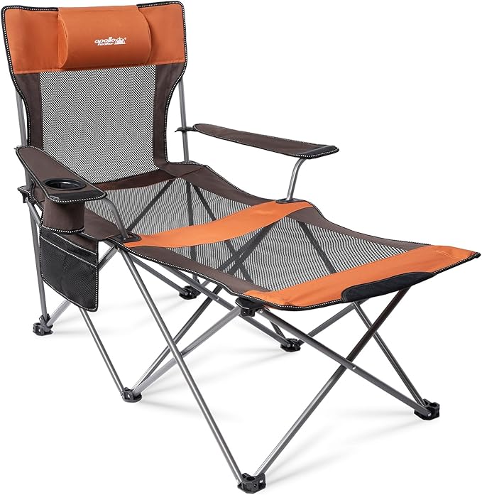 apollo walker Reclining Beach Chair, Adjustable 90-135° Backrest Camping Lounge Chairs for Adults, Folding Chair with Foot Rest & Detachable Pillow - Standard 6-Leg, Orange