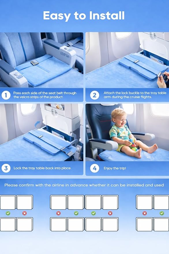 Toddler Airplane Seat Extender with Cushion – Portable Travel Footrest & Leg Support for Kids – Lightweight Foldable Design with Carry Bag (Baby Blue)