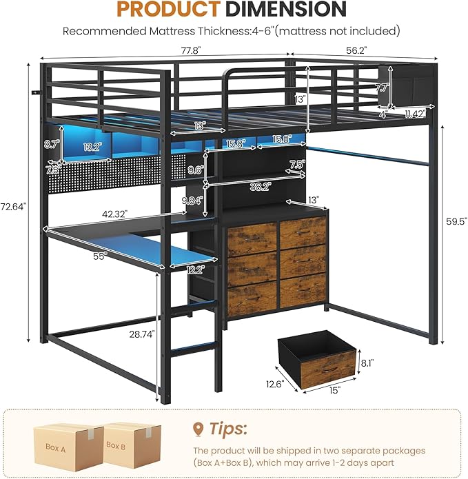 DICTAC Full Size Loft Bed with L-Shaped Desk,Bookshelf and Charging Station Metal Full Loft Bed with 6 Storage Drawers,Open Shelves and Hutch,Teen loft beds with Led Lights and Safety Guardrail,Black