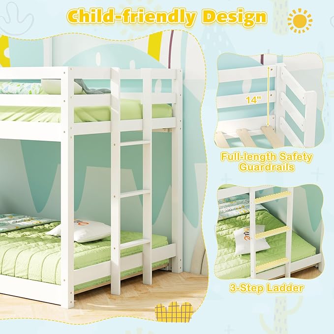 Giantex House Bunk Bed Twin Over Twin, Solid Wood Floor Bunk Bed with Built in Ladder, Window & Safety Guardrail, Wooden Kids Low Bunk Beds for Teens Boys & Girls, No Box Spring Needed, White