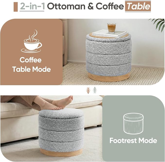 Round Storage Ottoman with Reversible Tray Lid, Folding Chenille Fabric Footrest with Hidden Storage, 15.4" Footstool for Small Spaces Living Room Bedroom, Wood Grain Base, Sliver Grey
