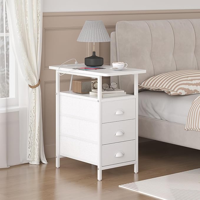 sthmec End Table with Charging Station, Side Tables Livingroom with USB Ports and Outlets,Narrow Nightstands Bedside Tables with 3 Drawers PU Finish for Small Space,Slim Sofa Table Bedroom,White