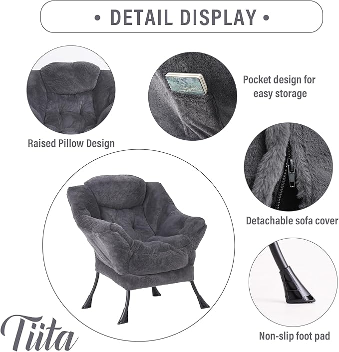 Tiita Lazy Chair with Ottoman, Modern Large Accent Lounge Chair, Leisure Sofa Armchair with Ottoman, Reading Chair with Footrest for Bedroom, Living Room, Dorm Rooms, Garden, Plush-dark Grey