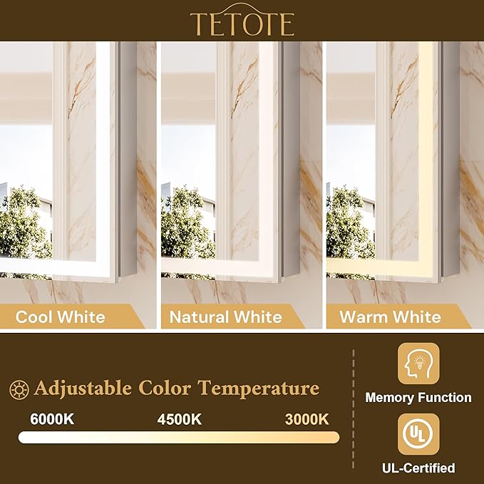 TETOTE 20 x 26 Lighted Medicine Cabinet with Mirror with Adjustable Shelves, Silver Aluminum Cabinet, Anti-Fog Stepless Dimmable 3 Colors White/Warm/Natural, Easy to Install(Wall Mount/Recessed)