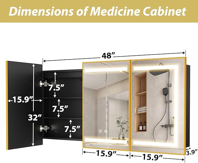 APRILSOUL 48x32 Inch Lighted Bathroom Medicine Cabinet with Mirror, Gold Recessed or Surface Mount Medicine Cabinet Mirror with Storage and LED Lights, 3 Colors Temperature, Dimmable Light