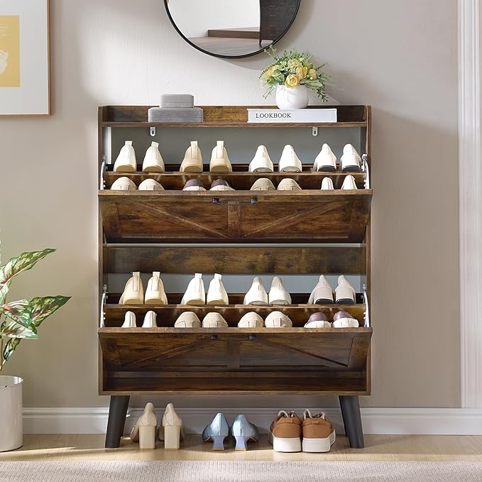 LEYAOYAO Shoe Cabinet Storage for Entryway with 2 Flip Drawers Rack Narrow Organizer Slim Hidden Wood Shoe Cabinet Furniture Brown