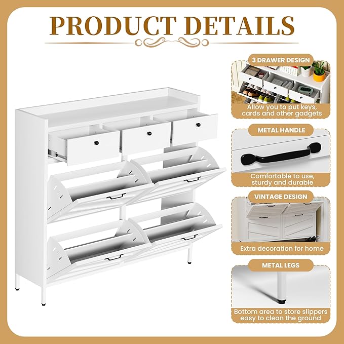 Metal Shoe Storage Cabinet for Entryway,White Shoe Cabinet with 4 Flip Drawers & 3 Top Drawers Hidden Slim Shoe Organizer Rack Freestanding Steel Entrance Shoe Cabinet with Legs for Hallway Front Door