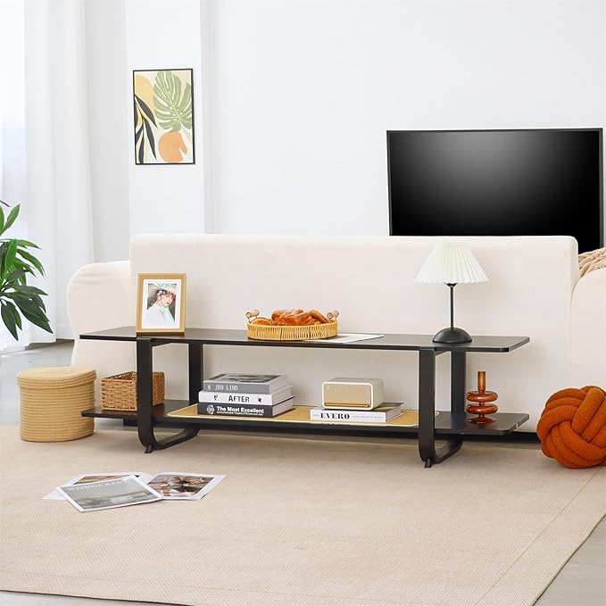 Bamboo TV Stand for TVs up to 65", Accent Entertainment Center with Storage, Media Console Table with Shelf, Modern TV Stand for Living Room, Bedroom, 54.3"(L), Black