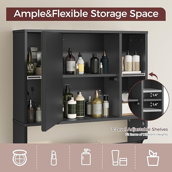 MAHANCRIS Bathroom Wall Cabinet with Mirror, Wall Mounted Medicine Cabinet with Color Adjustment LED Lights, Mirrored Over The Toilet Storage Cabinet with Adjustable Shelves, 23.6''W x 21.6''H, Black