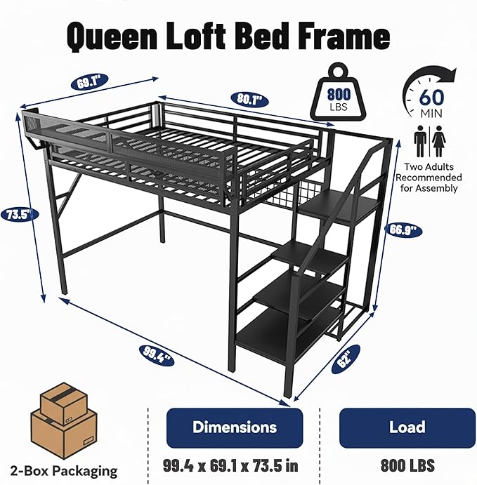 Queen Size Loft Bed with Stairs and LED Light, Metal Loft Bed Frame with Shelf for Adults, Tall Loft Beds with Storage Shelves and Wardrobe for Kids Boys Girls Teens, Convertible Staircase, Black