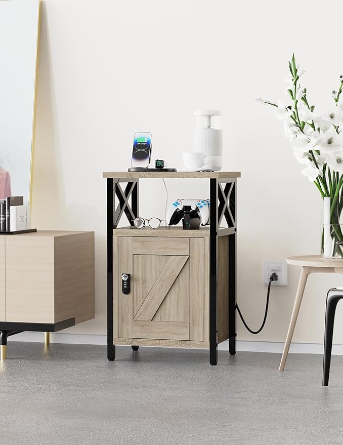 runjuly Wooden Nightstand with Lock, Bed Side Table with Drawers, Bedside Table with Charging Station, 3 USB & 2 Outlets, Night Stand with Cabinet, End Tables for Bedroom, Greige