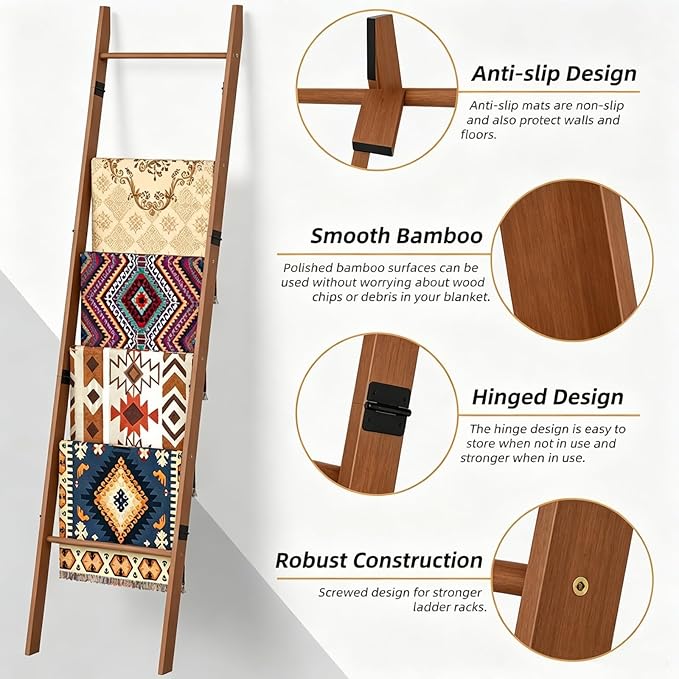 BAMBANG 6-Tier Blanket Ladder for Living Room, Blanket Quilt Ladder Rack Rustic Decorative Towel Holder, Wall Leaning Blanket Ladder Shelf Storage Farmhouse Decor for Bedroom Bathroom, Tea Brown
