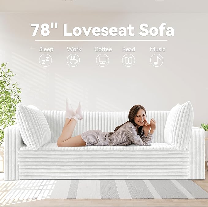 HABUTWAY 78" Loveseat Boneless Couch, 4-in-1 Convertible Sofa Bed, Plush Fur Folding Futon Sofa Bed Couches with 2 Pillows for Living Room, High-Density Foam Support, No Assembly Required, Beige