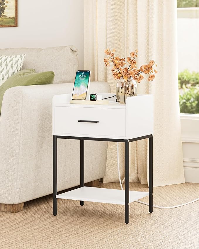Nightstand with Charging Station, Modern Bedside Table with Drawer and Legs,White and Black Night Stand with Open Shelf, Narrow Side Table for Bedroom, Living Room