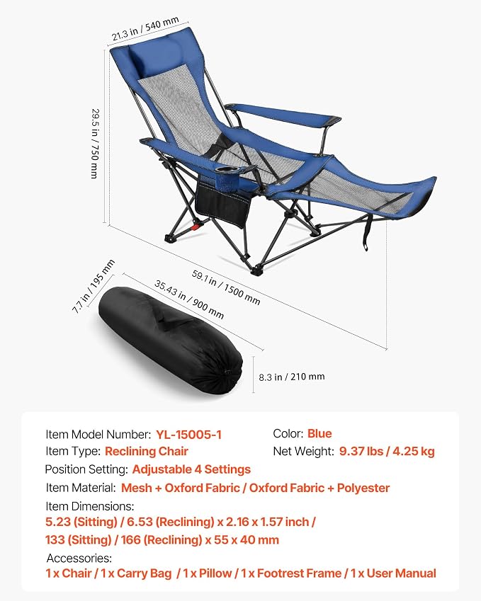 VEVOR 2-in-1 Reclining Camping Chair with Footrest for Adults, 4 Adjustable Positions, Portable Folding Lounger, Lightweight Mesh Beach Chair Supports 220lbs, Heavy Duty Camp Chairs Outdoor, Blue