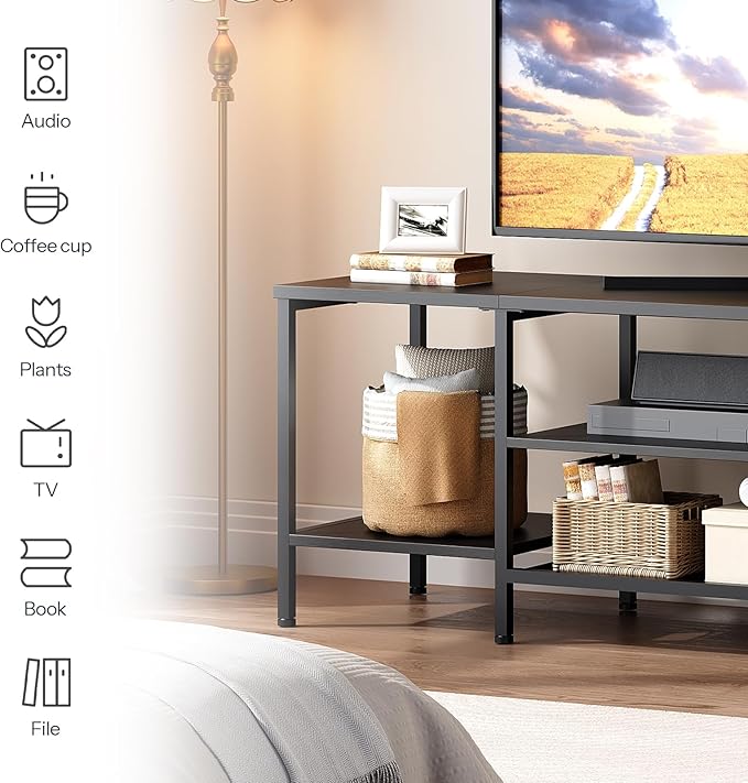 HOOBRO TV Stand with Power Outlets to 65 Inches, TV Console Table with Open Storage Shelves, Industrial Media Entertainment Center for Living Room Bedroom, Black BB40DS01