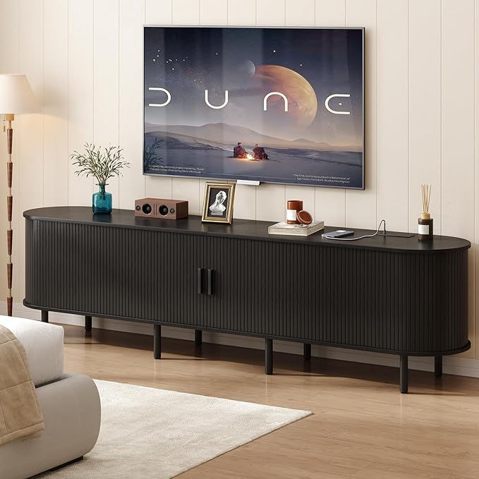 ONBRILL 86.6" TV Stand with Power Outlet for TVs up to 90 Inch, Entertainment Center with Storage and Adjustable Shelves, Modern Media Console with Sliding Doors for Living Room, Black