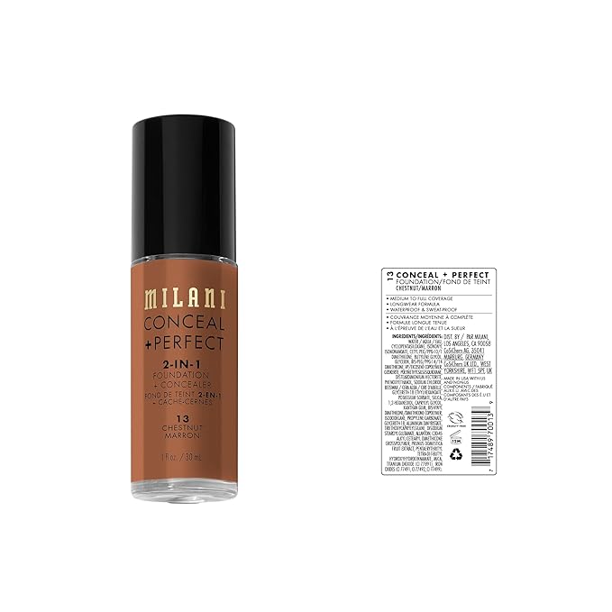 Milani Conceal + Perfect 2-in-1ファンデーション + コンシーラー 完璧な肌へ - 目の下のクマ補正、赤みや欠点をカバー、ウォータープルーフ＆汗に強い - 13-チェストナッツ