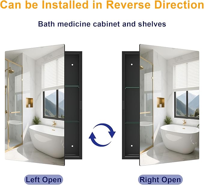 15"x20" Black Medicine Cabinet Mirror, Recessed & Surface Mount Medicine Cabinets for Bathroom, Tempered Glass Mirror + Full Metal Storage Cabinet, 2 Stable and Removable Shelves, Left or Right Open