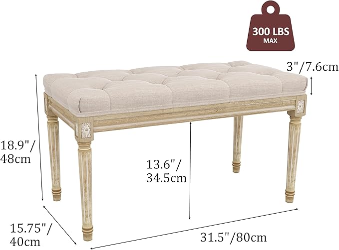 Yusong Upholstered Bench, Bedroom Bench for End of Bed, Piano Bench with Button Tufted Padded Seat for Living Room, Dining, Entryway, Shoe, Vanity Foot-Stool with Carved Wood Legs, Beige